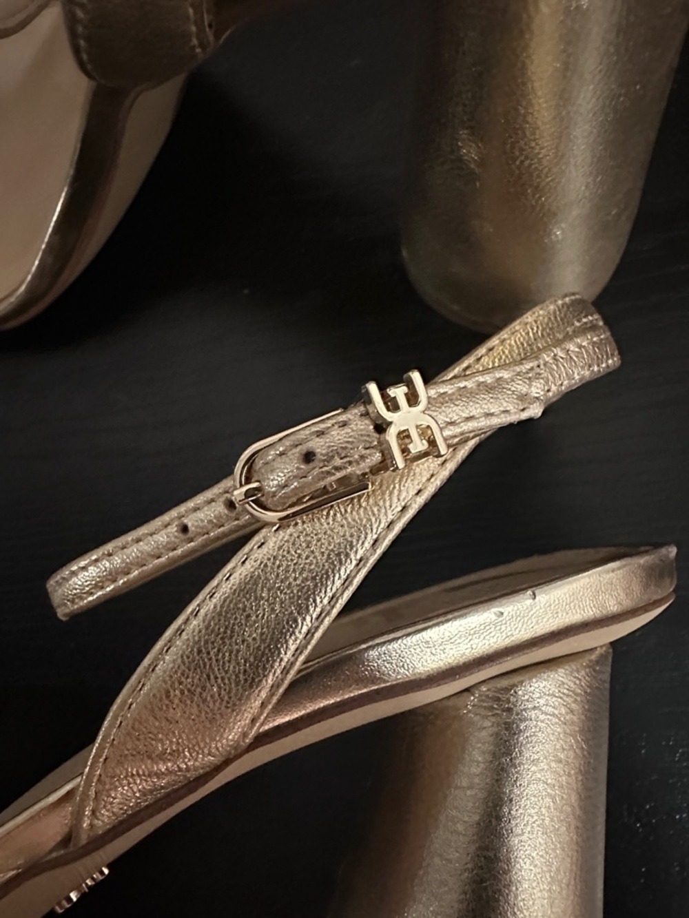 Sam Edelman Kia Metallic Gold Leaf Leather Ankle-Strap Block Heel Sandals - Picture 12 of 14